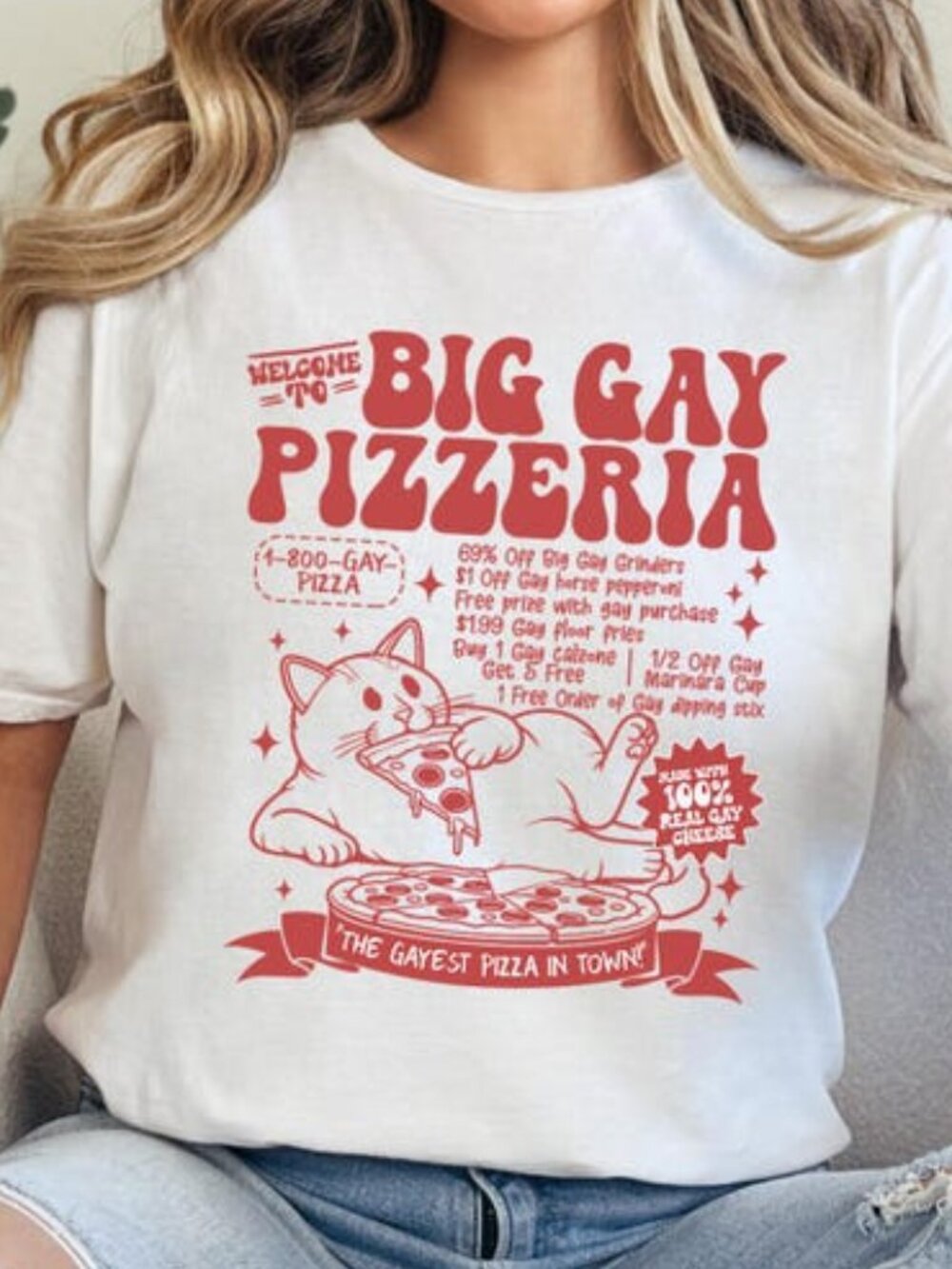 Big Gay Pizzeria Pride Shirt, Funny LGBTQ+ Cat Pizza Tee